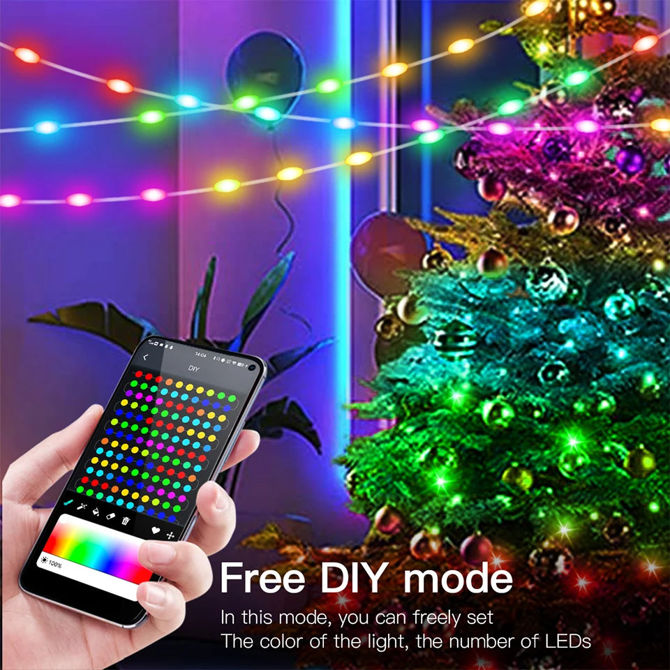 Bluetooth Control USB LED String Lights, Christmas RGBIC Dreamcolor Fairy Light for Indoor Outdoor Garden Wedding Party Decor