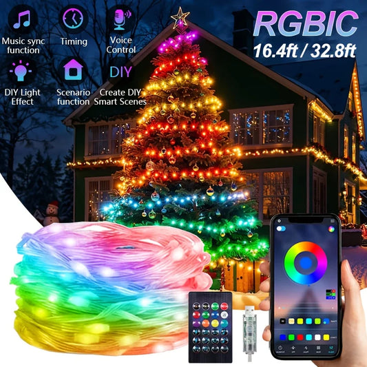 Bluetooth Control USB LED String Lights, Christmas RGBIC Dreamcolor Fairy Light for Indoor Outdoor Garden Wedding Party Decor